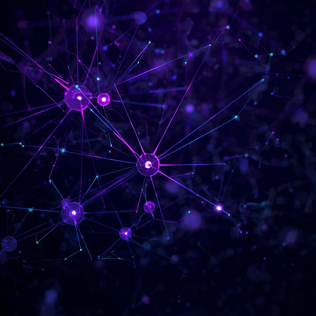 Futuristic neural network visualization showing interconnected AI agent nodes with glowing purple and teal pathways, dark background, digital art style