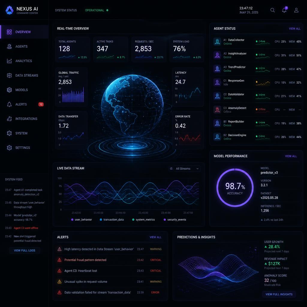 Sleek dark-themed AI analytics dashboard with real-time charts, agent status indicators, and holographic data panels, cyberpunk style